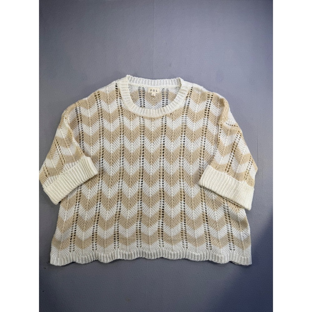 POL Chevron Knit‎ Sweater 3/4 Sleeve Beige White Size L Lightweight Pullover New